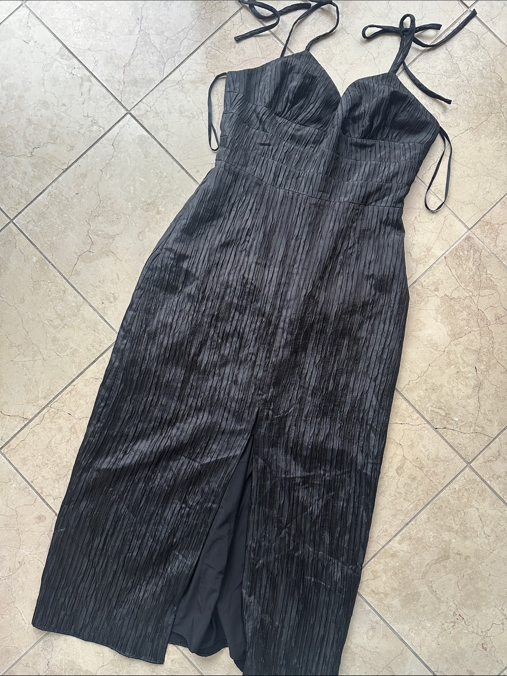 BCBGMaxAzria Black Pleated Maxi Dress with Tie Straps